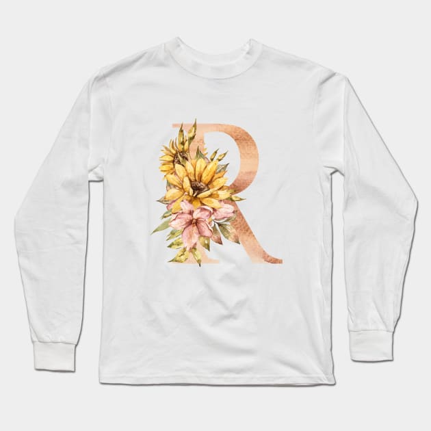 Watercolor sunflower bouquet monogram letter R Long Sleeve T-Shirt by tiana geo